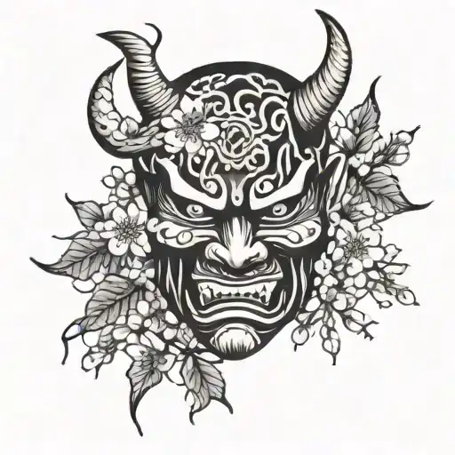 Japanese Demon Mask With Cherry Blossoms Curling Around It