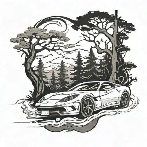 A Tattoo Design Featuring A Sleek Sports Car Racing Through A Haunted Forest