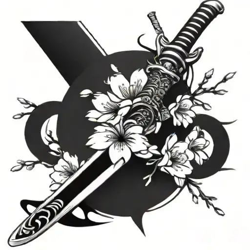 Katana Sword And Sakura Flowers Growing