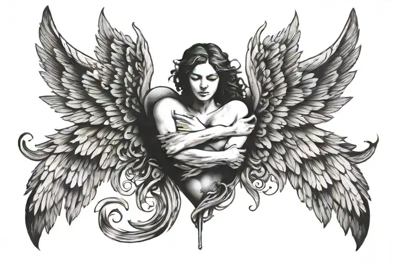 Angel Wings Spread Wide With A Broken Heart Between Them