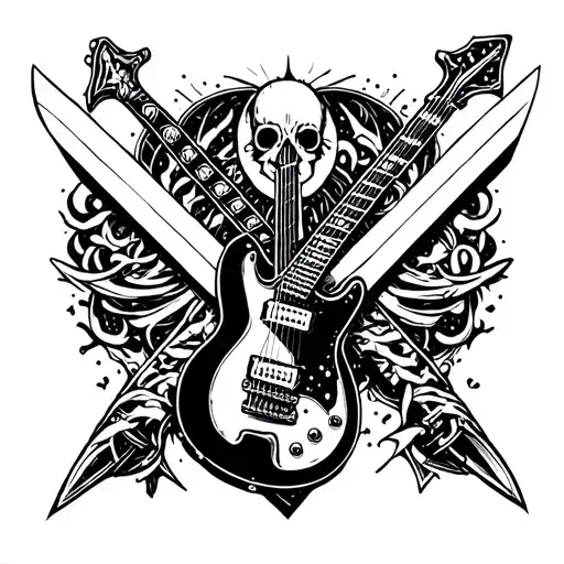 Punk Guitar And Sword Tattoo In The Shape Of An X