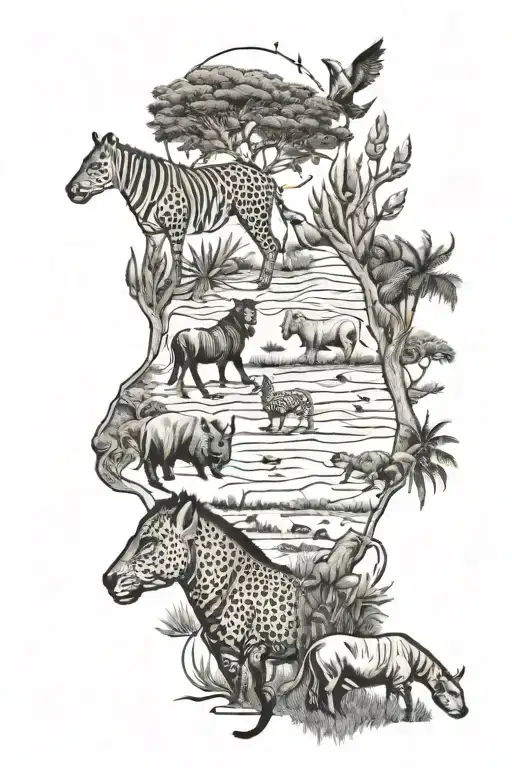 African Savannah Animals Collage Tattoo Featuring Various Animals