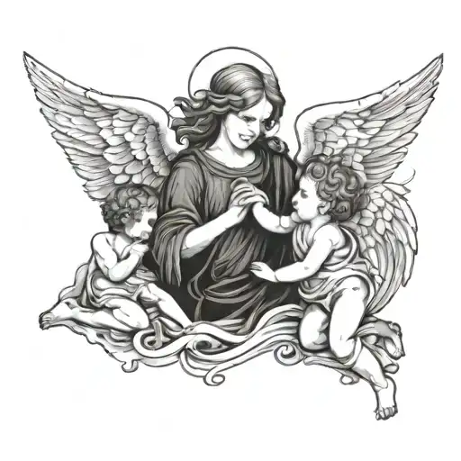 Angel Holding A Child Fighting A Large Group