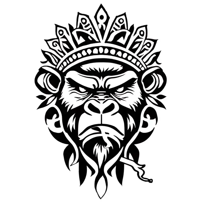Adinkra Patterns Surrounding A Crowned African Tribe Mask Angry Gorilla No Hair Smoking Cigarette