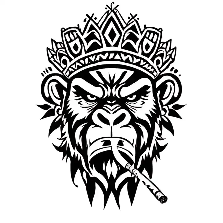 Adinkra Patterns Surrounding A Crowned African Tribe Mask Angry Gorilla No Hair Smoking Cigarette