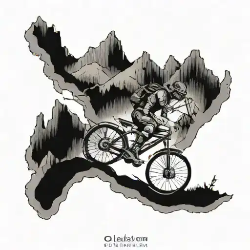 A Detailed Blackwork Tattoo Of A Sagittarius Archer Riding A Bicycle Through Mountainous Terrain
