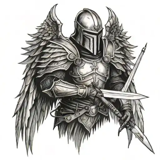 Dark Medival Knight With Worn Angel Wings And Sword