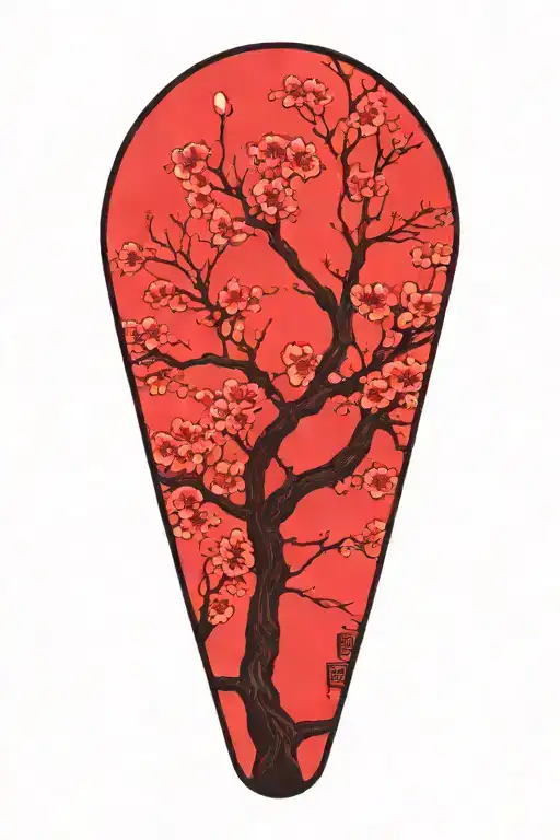 Sakura Tree With Red Flowers With Moon Offset In Background