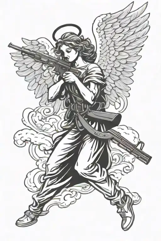 Angel With Wings An A Ak47 Near Clouds Inside