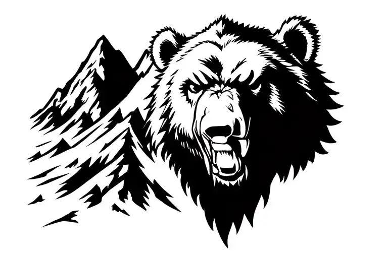 Angry Bear Head In Front Of A Mountain