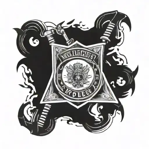 A Blackwork Tattoo Of A Police Badge Intertwined With Metal Music Symbols