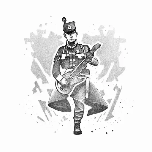 A Soldier Playing A Guitar On A Battlefield