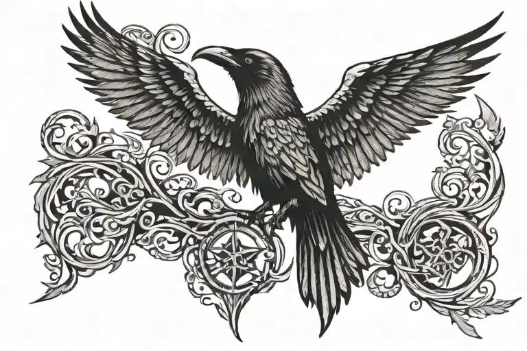 Raven On The Neck With Open Wings And Runes Around