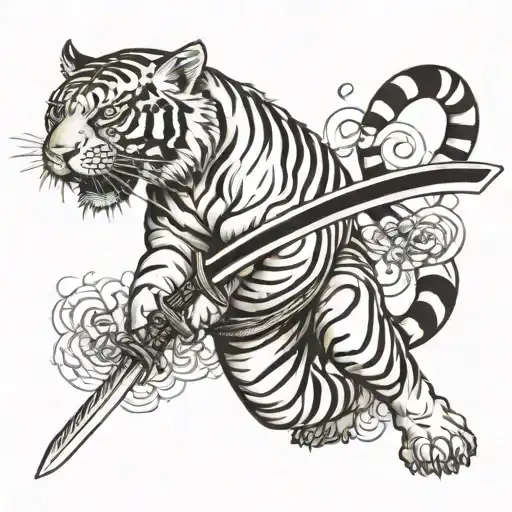 Tiger Holding A Katana Sword