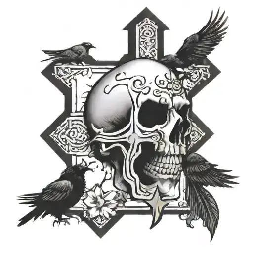 Religious Cross With Crows Tomb And Gothic Skull