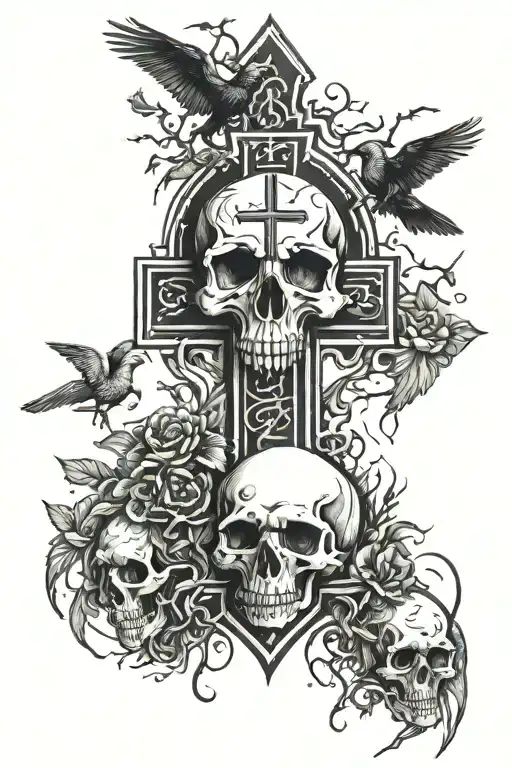 Religious Cross With Crows Tomb And Gothic Skull