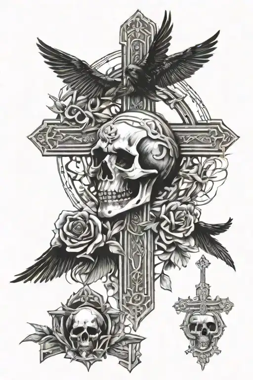 Religious Cross With Crows Tomb And Gothic Skull Jesus Hands