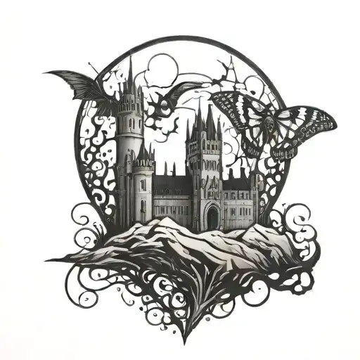 Gothic And Dark Castle With A Moth Moon