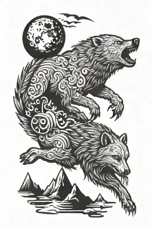 Bear Or Wolf With Crow Flying With Moon And