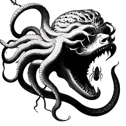Medusa Head With A Serpent Coming Out Of Its Mouth To Eat A Spider