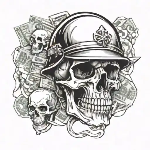 A Skull Wearing A Military Helmet Surrounded By Swirling Money And Army Gear