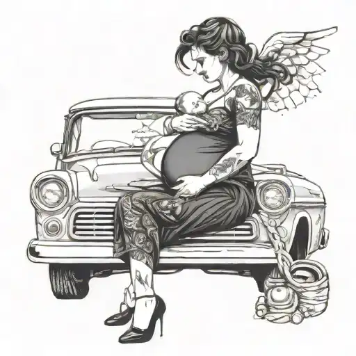 Pregnant Lady Sitting On A Vintage Chevy Car With A Newborn Baby In Her Arms