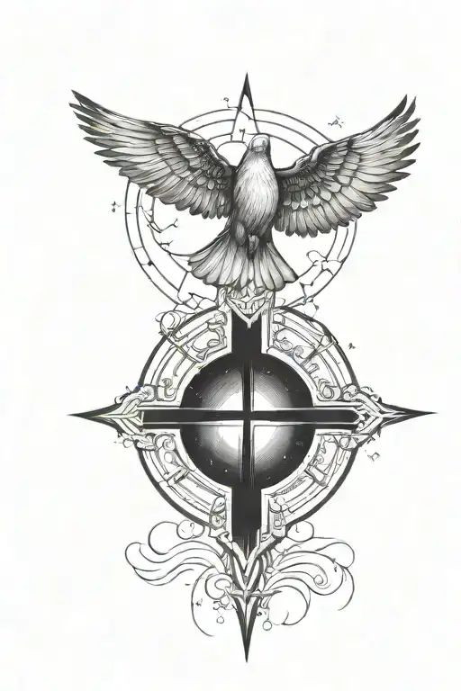 A Space-themed Tattoo With A Dove Representing Peace Flying Towards A Glowing Cross