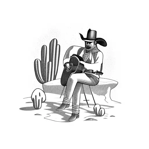 A Blackwork Tattoo Of A Cowboy Playing A Guitar On A Desert Landscape
