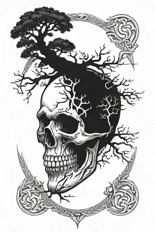 Viking Skull With World Tree Growing Together