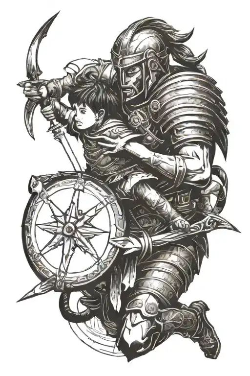 A Warrior Shielding A Little Boy From Arrows