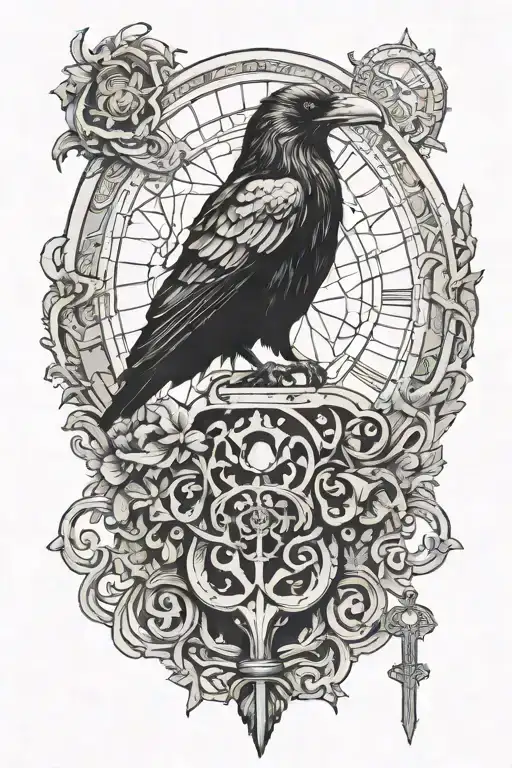 Blackink Tattoo Of A Gothic Raven Standing Over An Ancient Key