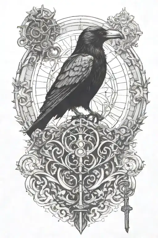 Blackink Tattoo Of A Gothic Raven Standing Over An Ancient Key