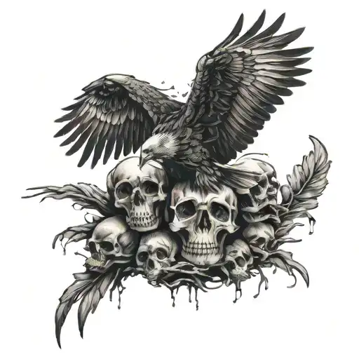 Black Eagle Flying Over Piles Of Decaying Human Skulls