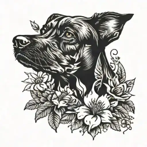 Flowers Around A Black Dog