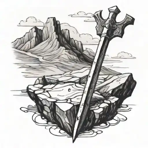Brush Sketch Of A Claymore Stuck Into A Stone And Mountains In The Background