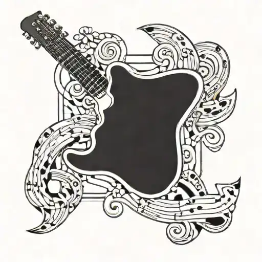 A Tattoo Design Featuring A Guitar And Musical Notes Intertwined With Comic Book Elements