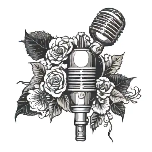 A Tattoo Of A Vintage Microphone Intertwined With Floral Elements