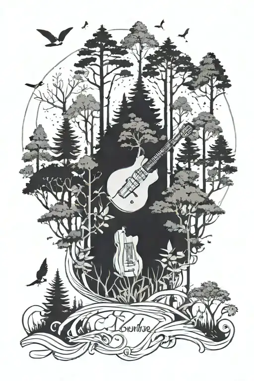 A Forest Scene With Hidden Guitar Shapes And Your Sons' Names Subtly Integrated Into The Foliage