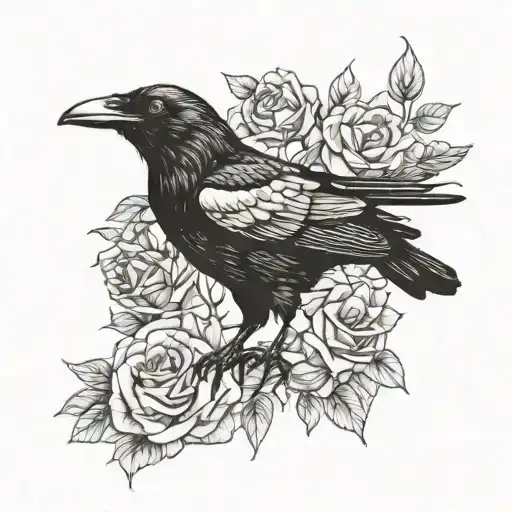 Crow With Roses Blooming