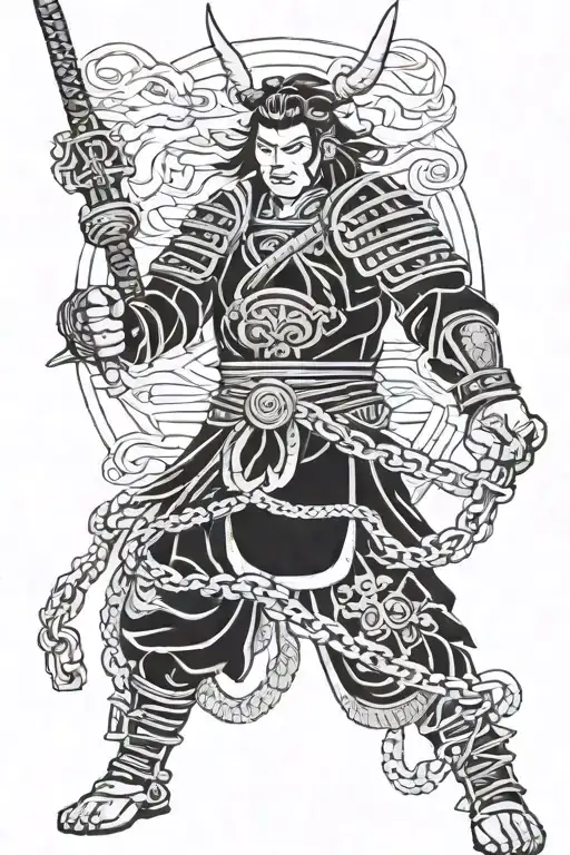 Samurai Warrior Holding The Chains Of Three Devil Dogs