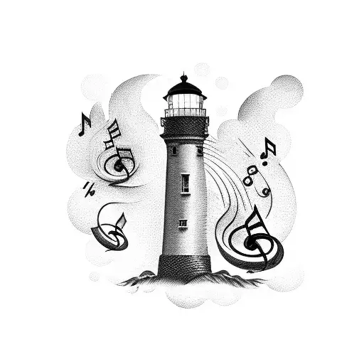 Musical Notes Swirling Around A Lighthouse