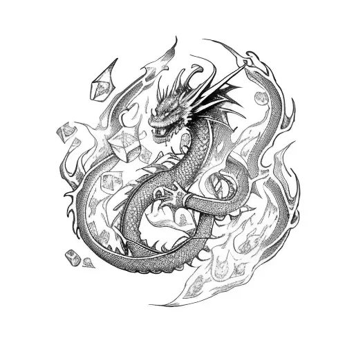 Dragon Fire From Right Engulfing Skulls And D20s