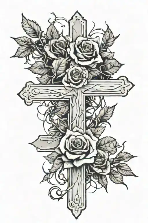 A White Empty Cross With Barbed Wire Roses Intertwined Clouds In The Background