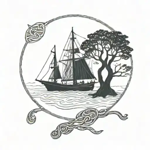 Trees In The Background Nordic Runes And A Ship In The Foreground