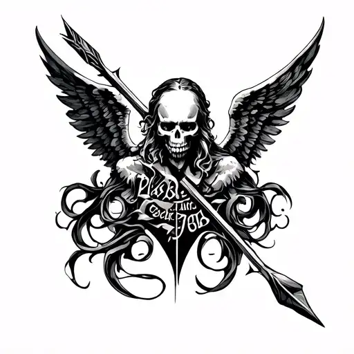 Neck Tattoo Of A Angel Of Death With Spear Going Through The Words