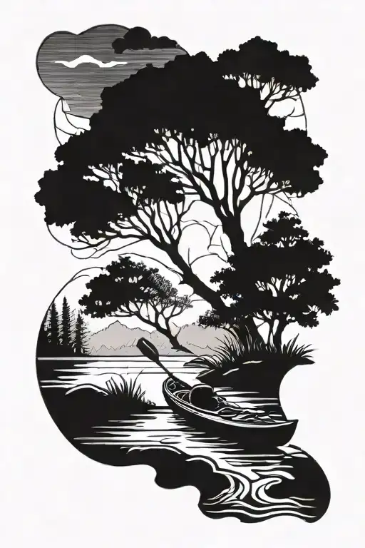 Kayak And Tree And River Silhouette