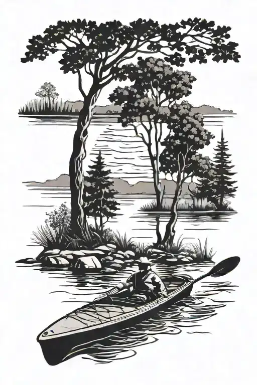 Kayak And River Silhouette With Tree Background Black