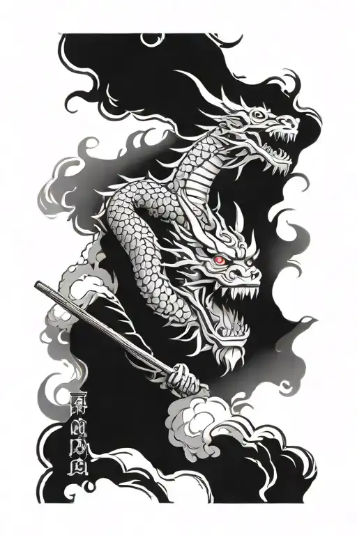 Japanese Dragon Behind A Samurai In An Oni Mask With Smoke On The Sides