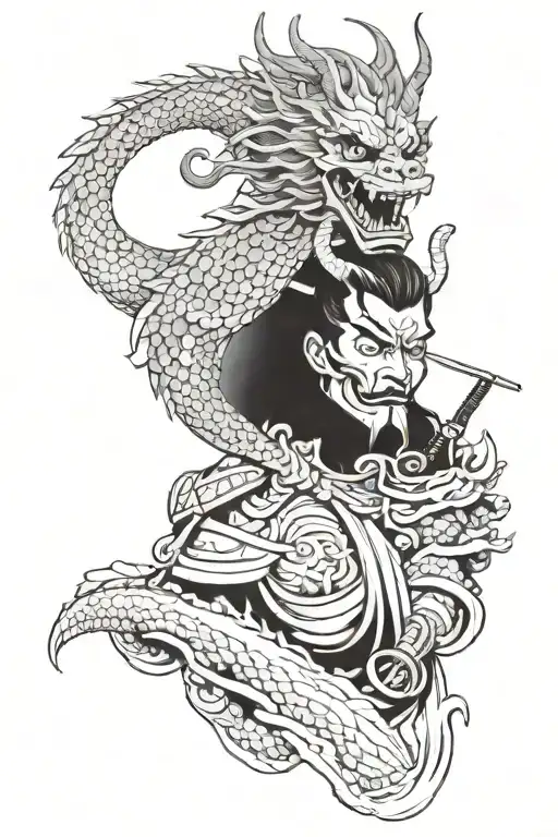 Japanese Dragon Behind A Samurai In An Oni Mask With Smoke On The Sides