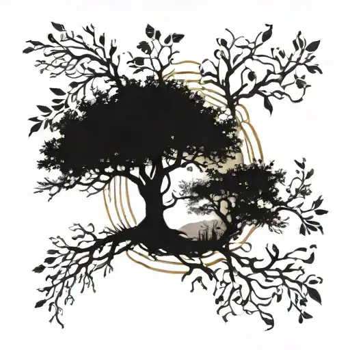 Create A Tattoo In Black And Old Gold With A Multi Branch Tree In The Background